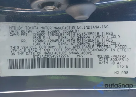 2004 Toyota Sienna Le из США, поврежденный, VIN 5TDZA23C94S212274